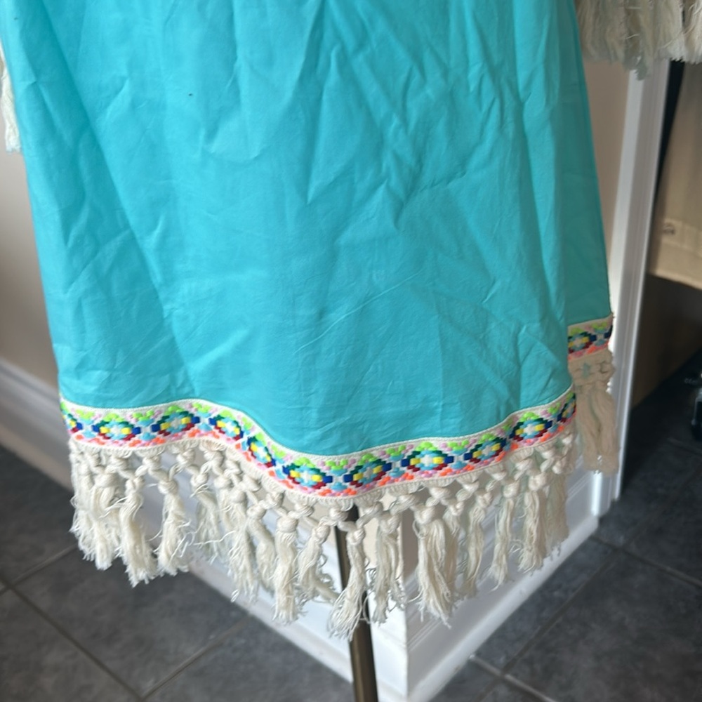 VELZERA Turquoise Off-Shoulder Dress/Cover up with Fringe size large - Picture 7 of 8